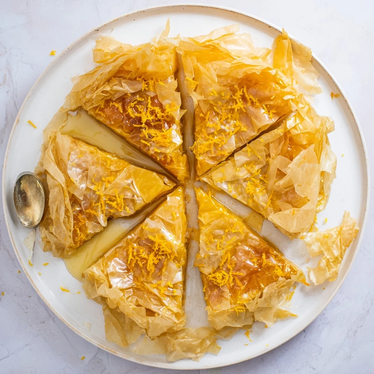 Golden-baked Portokalopita layers of crispy phyllo crumbles soaked in sweet orange syrup.