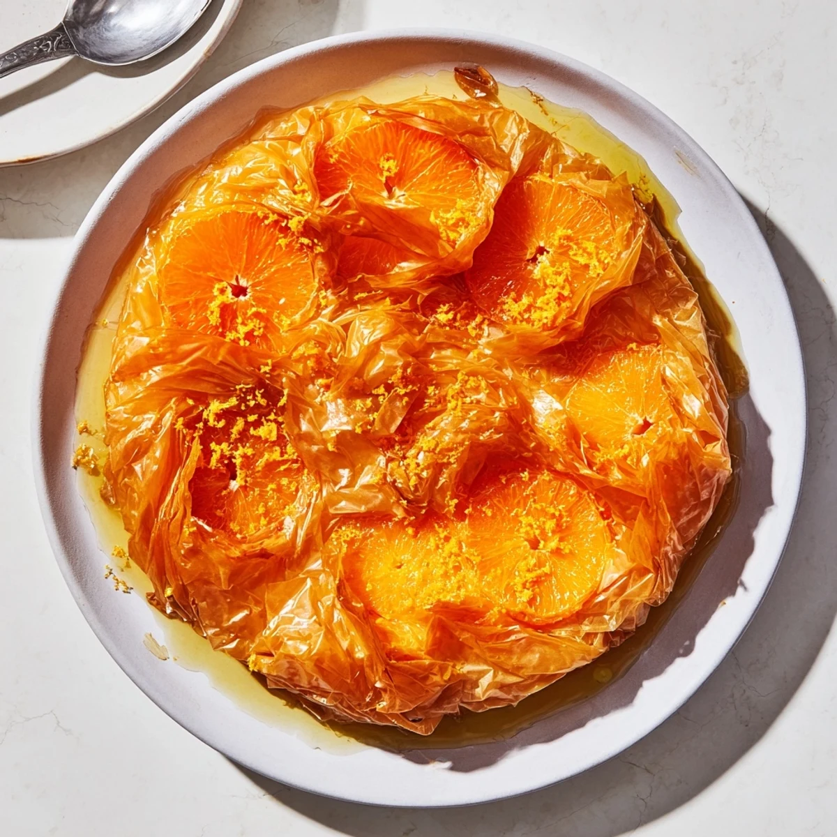 A close view of Portokalopita dessert with orange zest and creamy yogurt filling.