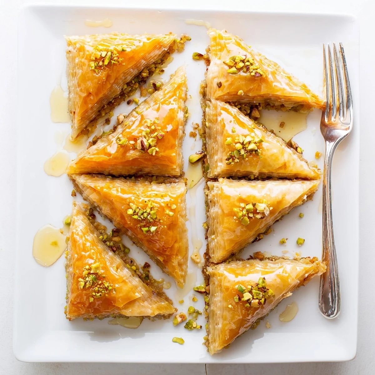 Golden-baked Greek Baklava with crisp phyllo layers, chopped nuts and honey syrup, cut into diamond shapes on a plate.