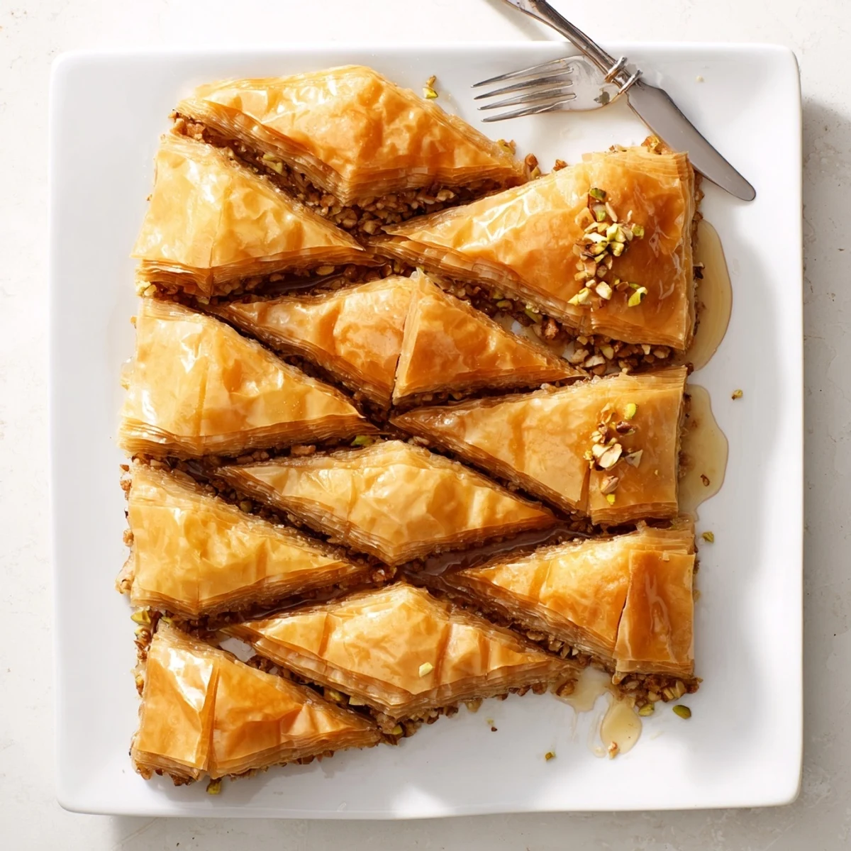 A close view of Greek Baklava dessert showcasing flaky pastry brushed with butter, filled with walnuts and pistachios in syrup.