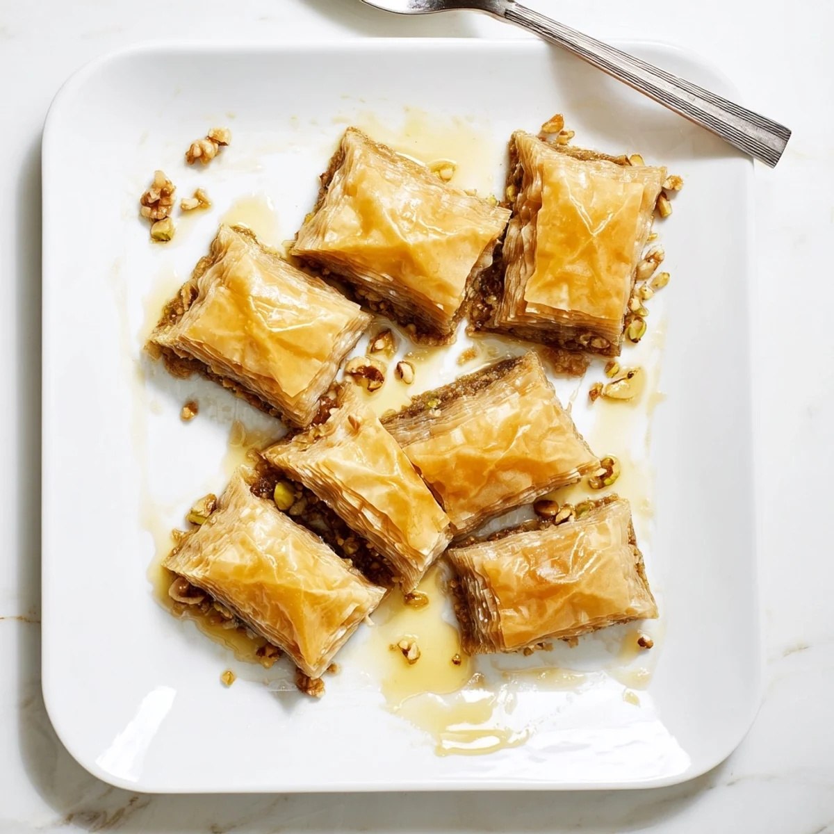 Homemade Greek Baklava resting on a rustic table, syrup-soaked layers glistening, served beside a cup of strong coffee.