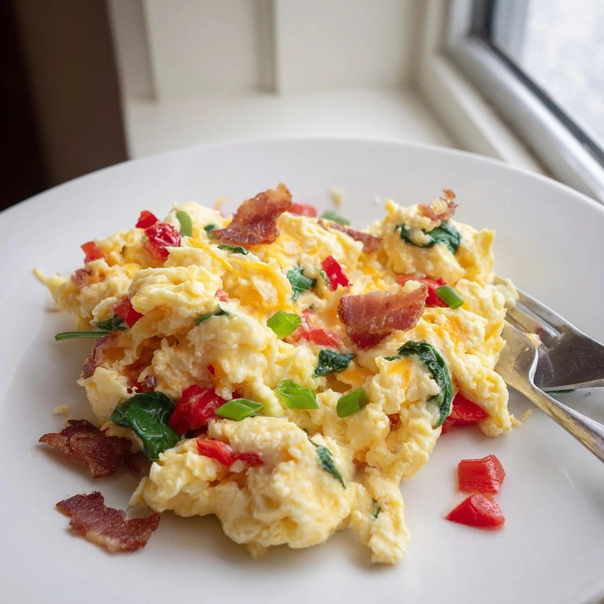 A close-up of Loaded Scrambled Eggs topped with melted cheddar, crumbled bacon, and sliced green onions.