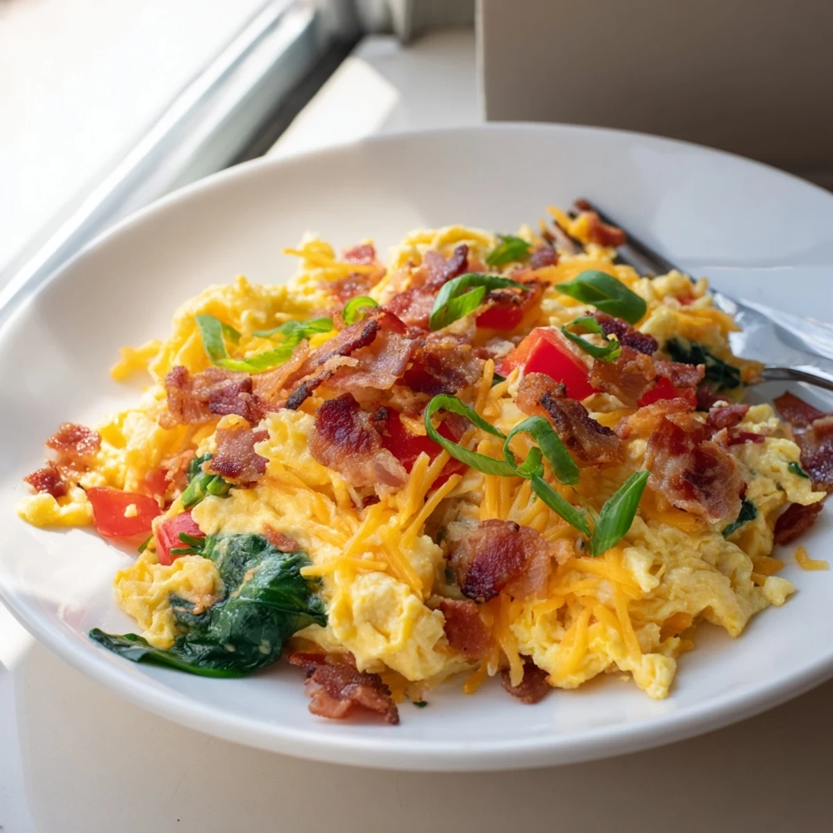 Loaded Scrambled Eggs with sautéed red bell peppers and wilted spinach on a white plate.