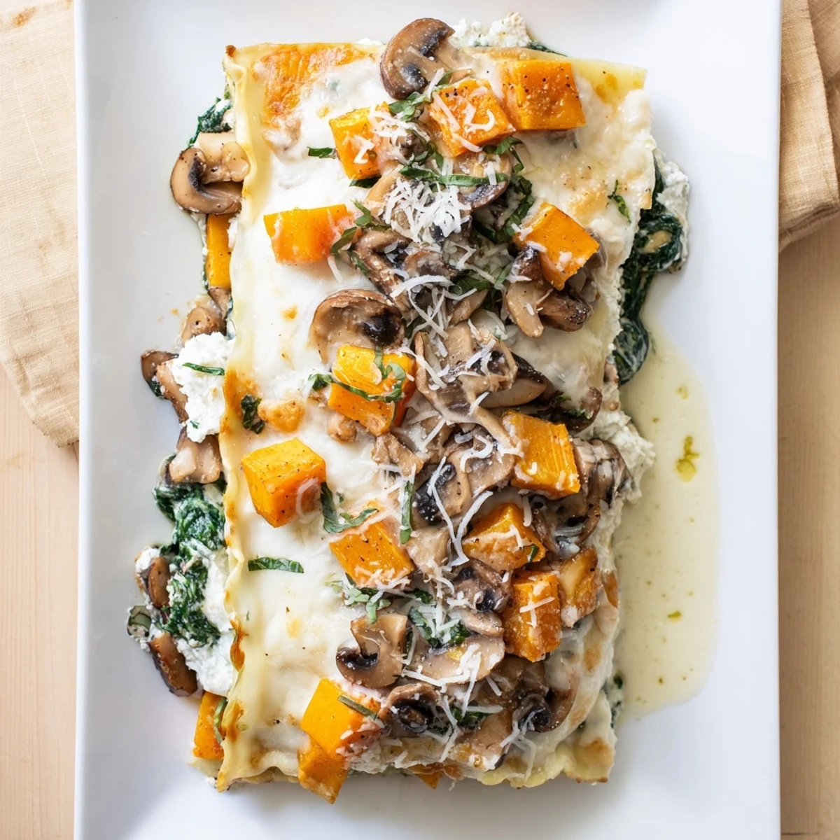 Golden-brown Butternut Squash, Spinach & Mushroom Lasagna topped with melted mozzarella and fresh basil on a wooden table.  