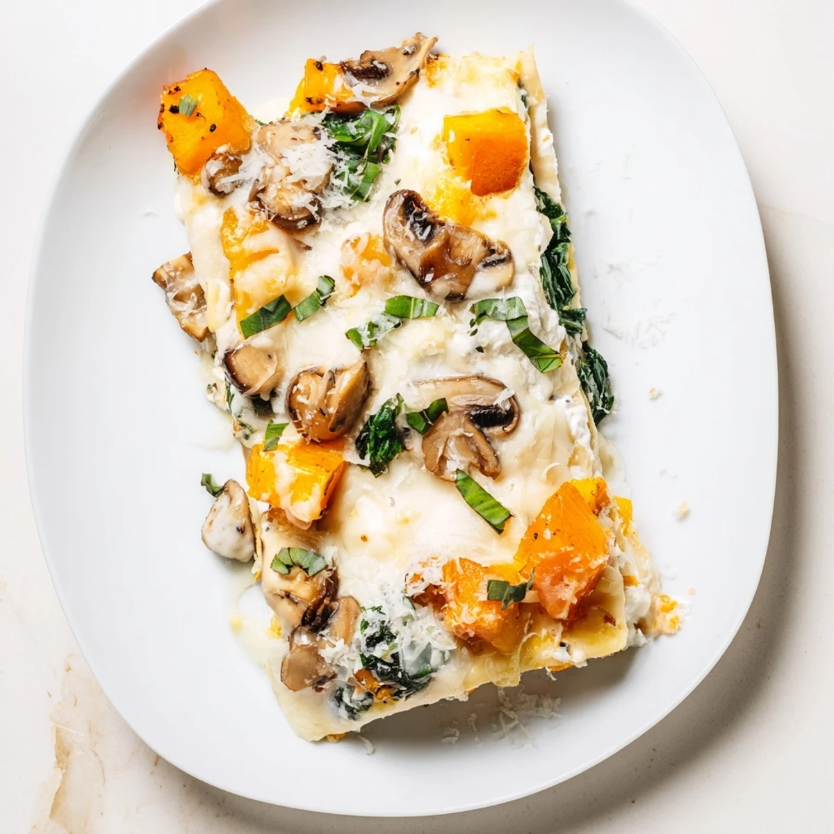Sliced Butternut Squash, Spinach & Mushroom Lasagna revealing creamy layers of roasted vegetables and béchamel sauce.  