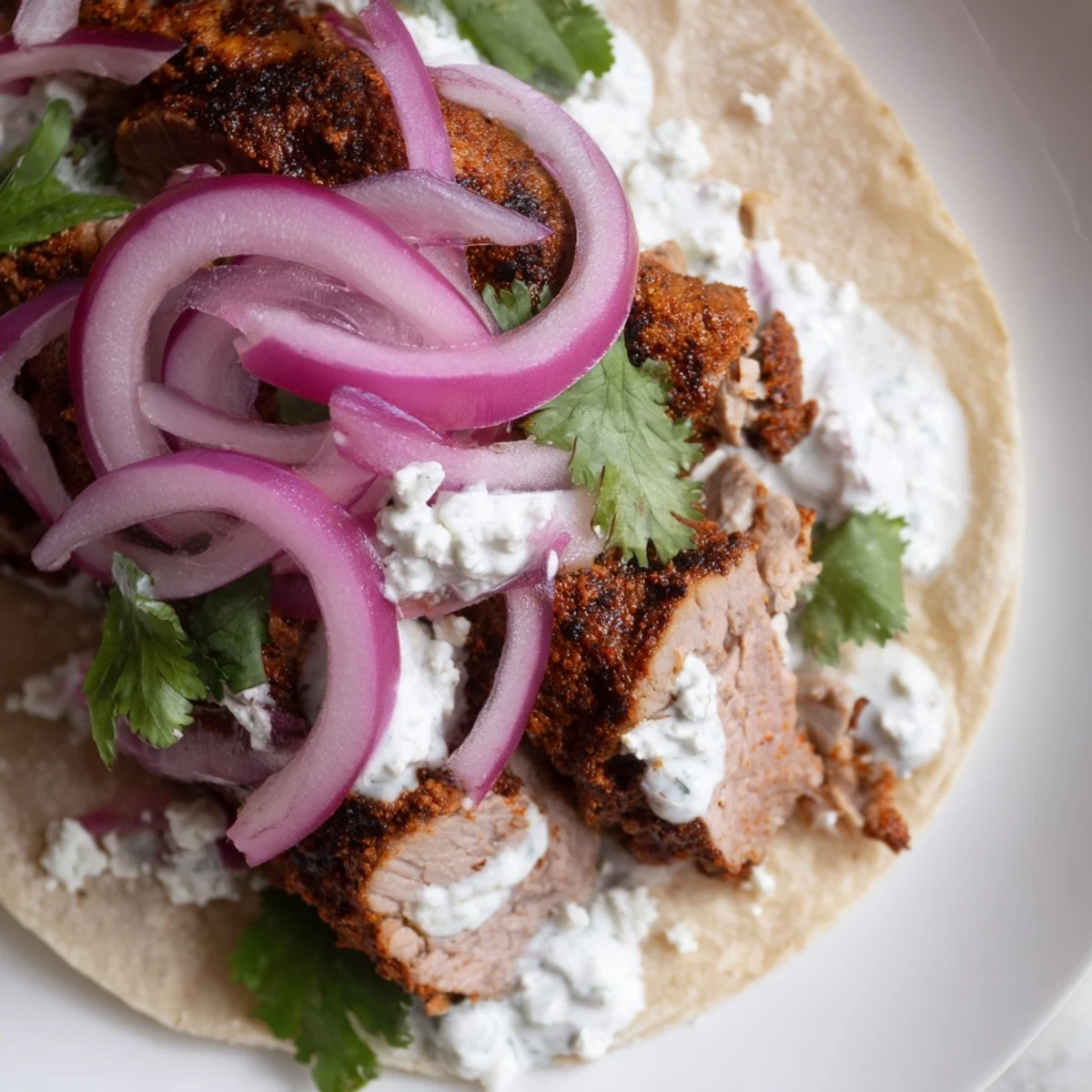Golden-brown cumin crusted leg of lamb slices fanned on a platter with warm corn tortillas and fresh toppings.
