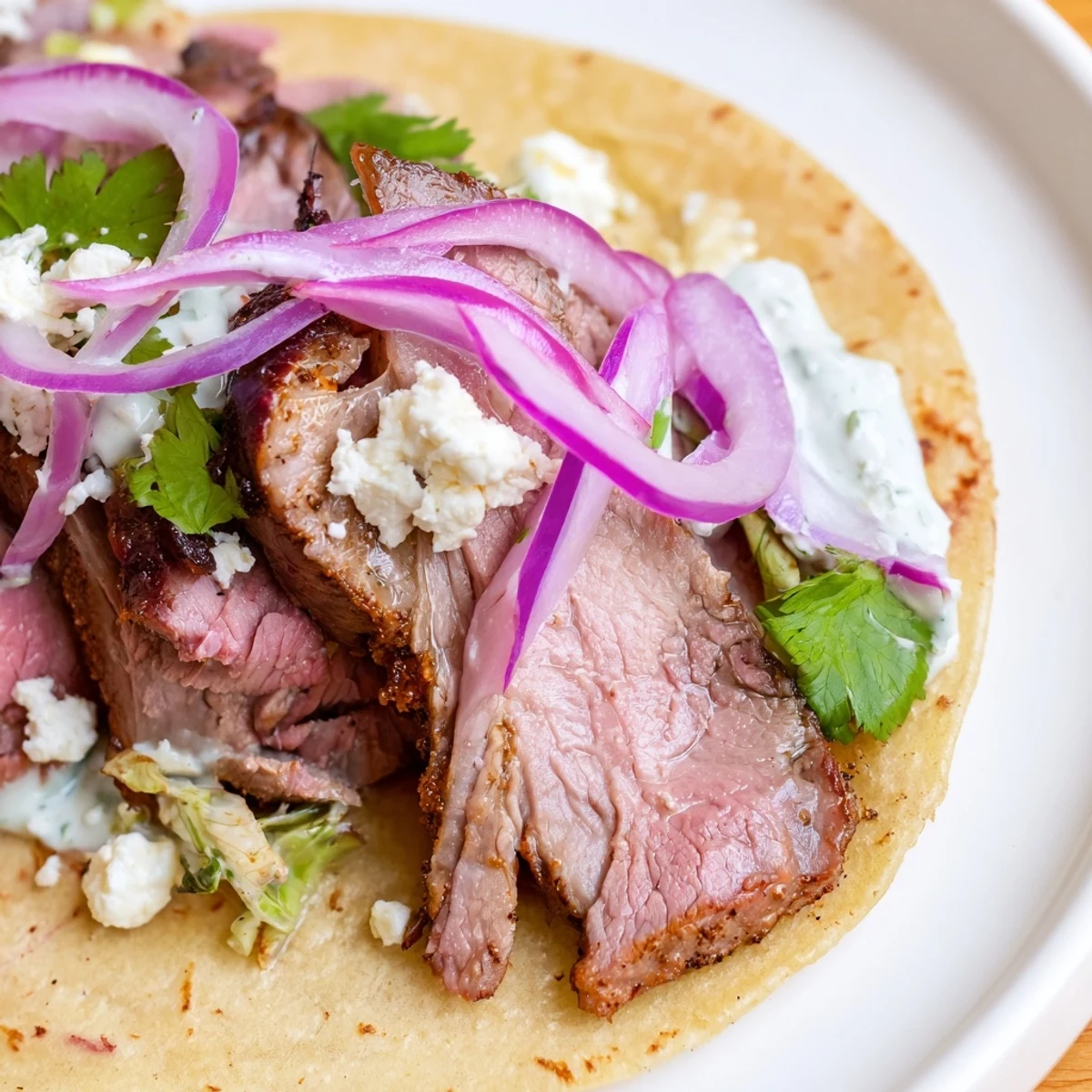 Cumin crusted leg of lamb with tacos arranged on a rustic board, garnished with cilantro, onion, and lime wedges.