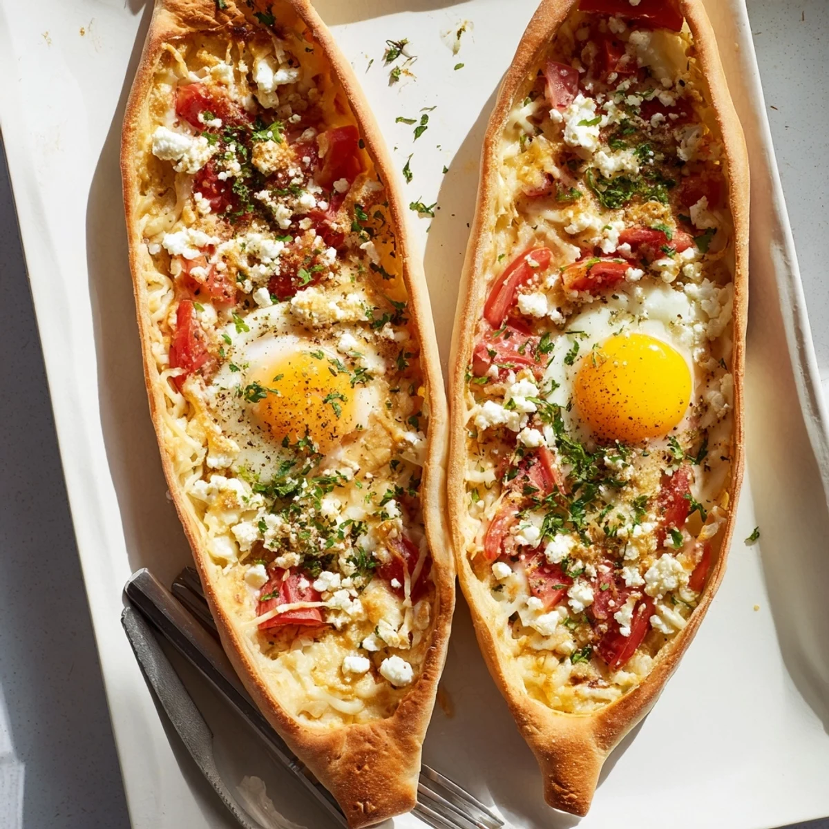 Freshly baked Turkish Pide with Egg, Tomato, and Cheese showcasing a golden crust and runny yolk.