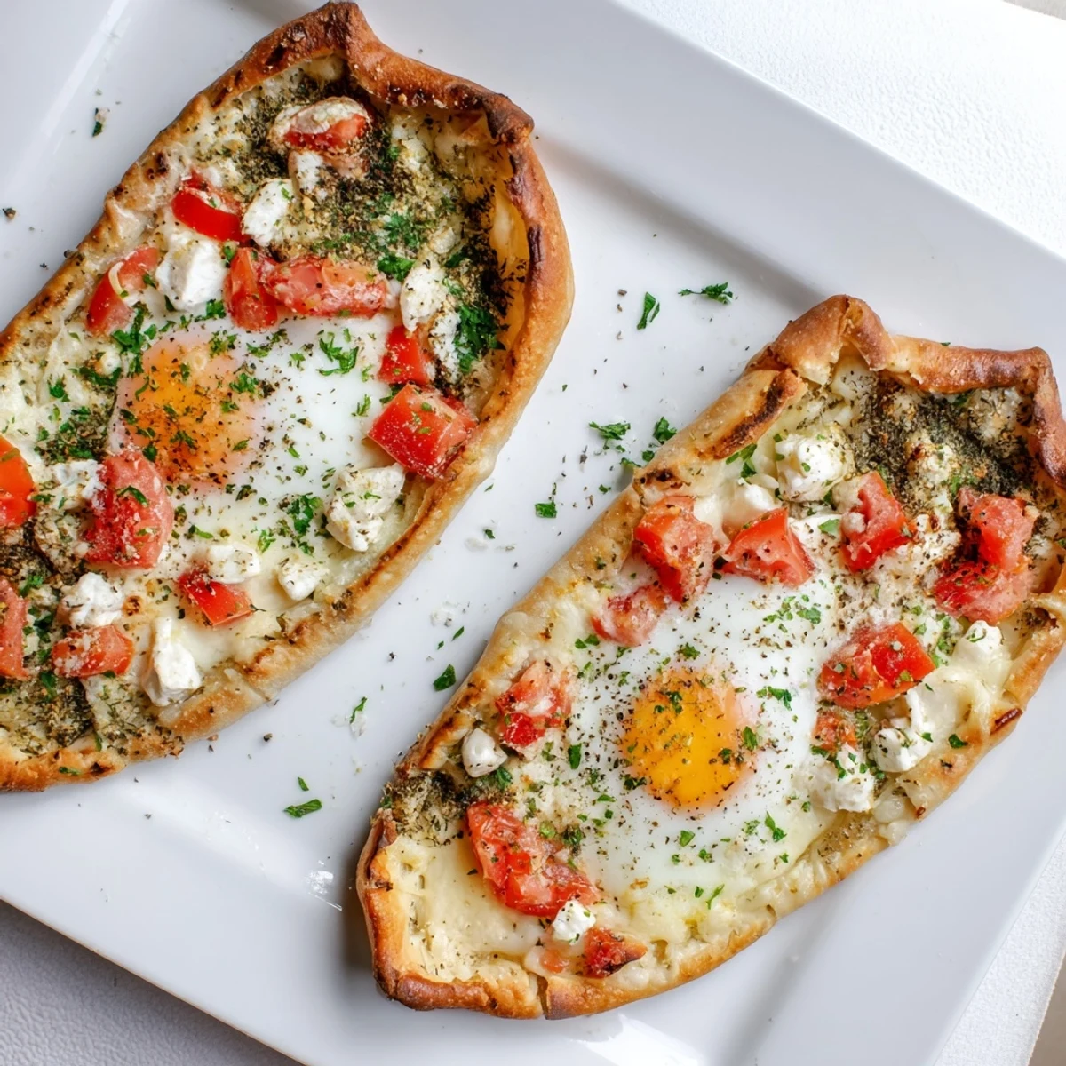A warm serving of Turkish Pide with Egg, Tomato, and Cheese garnished with fresh parsley on a rustic plate.