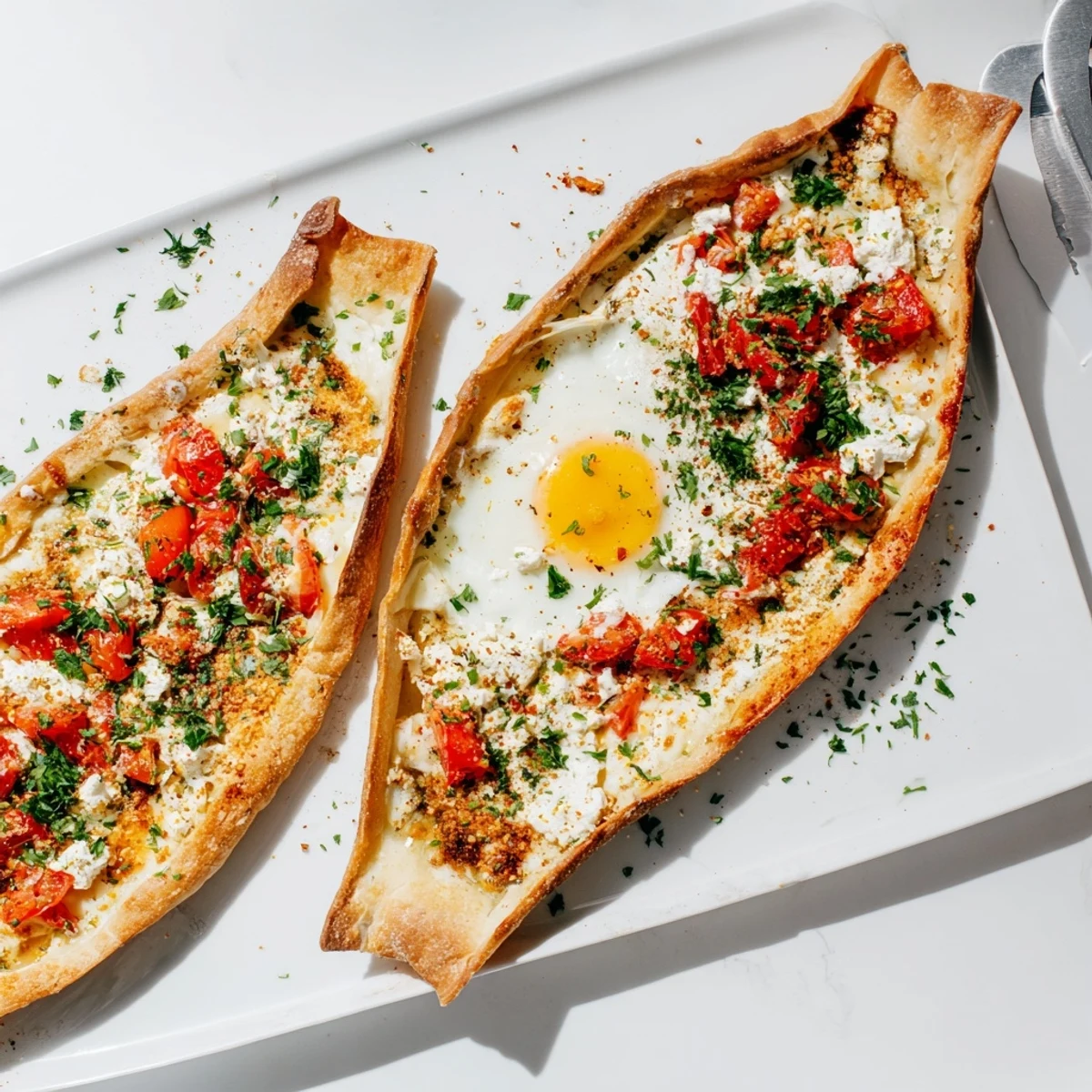 Sliced Turkish Pide with Egg, Tomato, and Cheese revealing melted feta, mozzarella, and diced tomatoes.