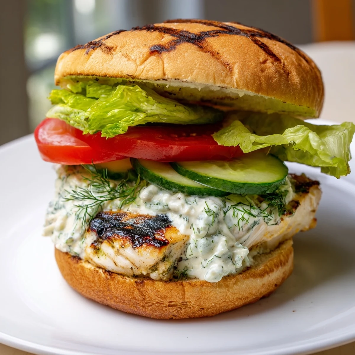 A close-up of the BBQ Barramundi Burger showing flaky fish, charred greens, and zesty jalapeño-lemon tartare.