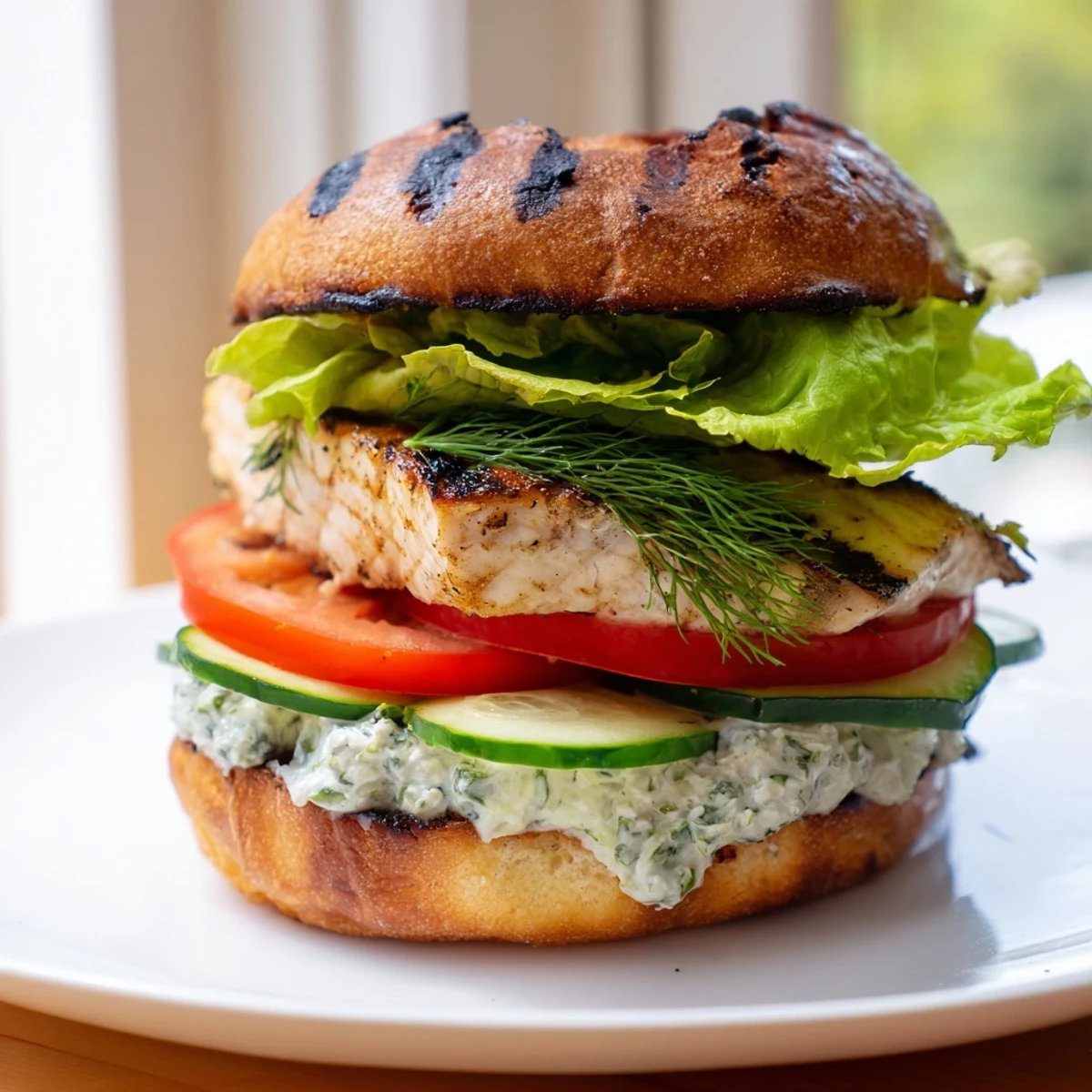 Grilled barramundi fillet stacked on a brioche bun with smoky romaine lettuce and bright tartare sauce.