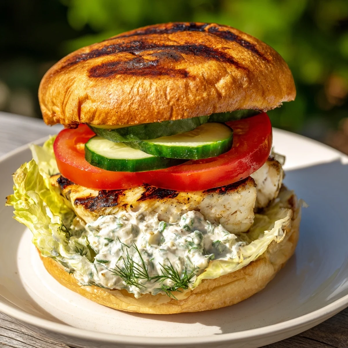 Close-up of the BBQ Barramundi Burger with grilled cos lettuce, ripe tomatoes, and a drizzle of lemony tartare.