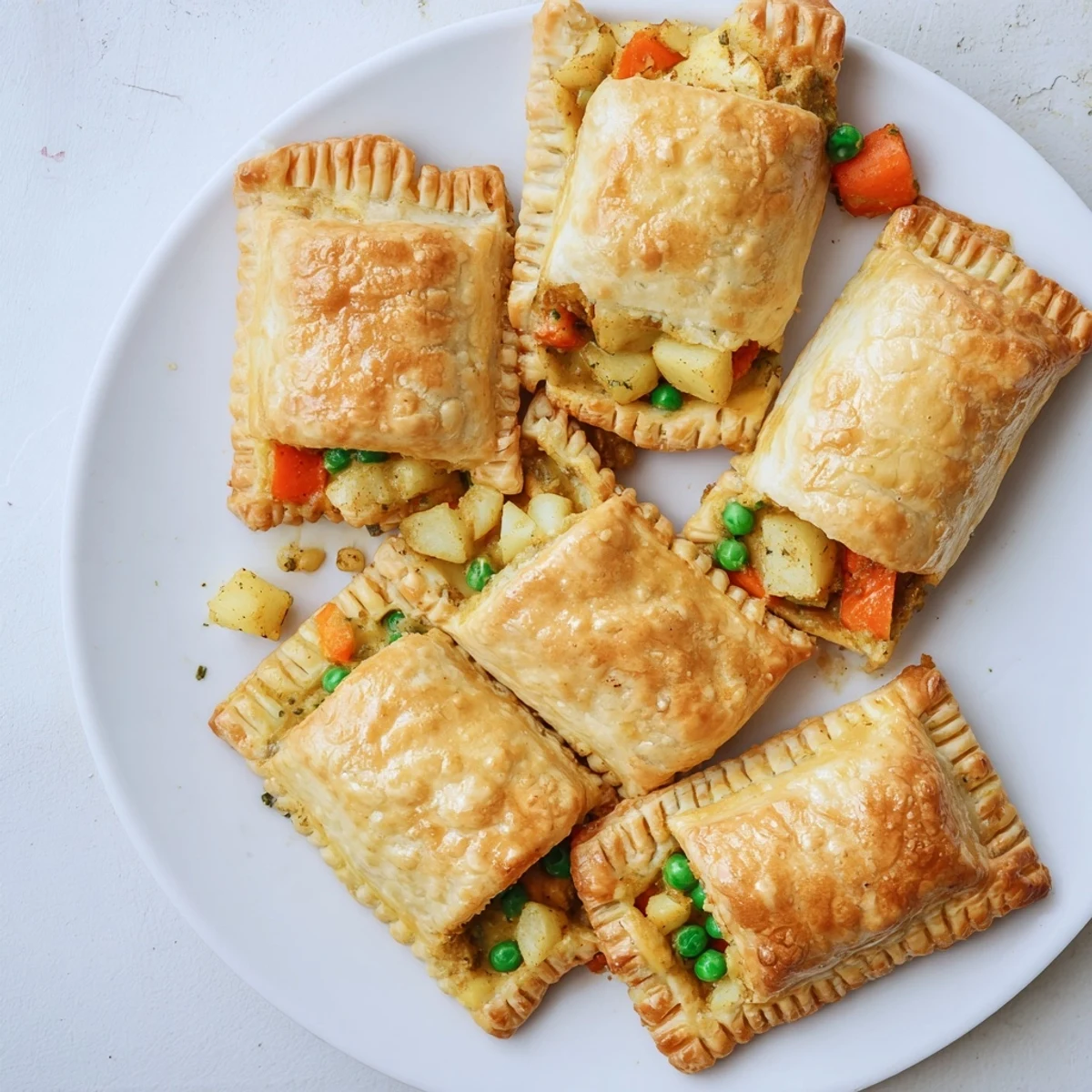 Steam rises from a broken-open Tikka Masala Vegetarian Pie, revealing creamy vegetables in a rich red sauce.