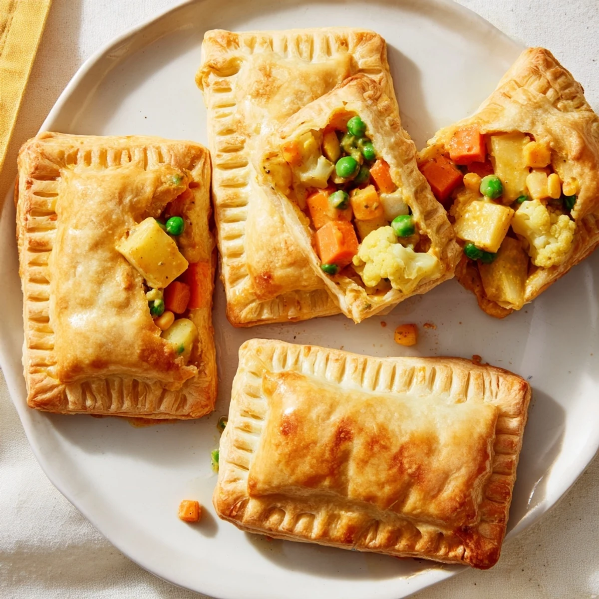 Six golden, flaky Tikka Masala Vegetarian Pies sit on a wooden board next to a small bowl of yogurt dip.
