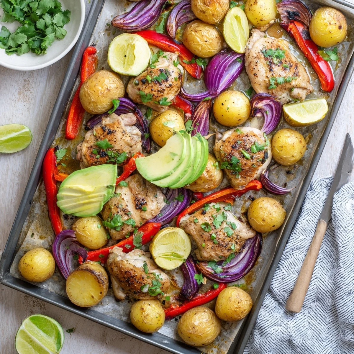 Golden roasted chicken thighs, crispy baby potatoes, and red bell peppers arranged on a tray, topped with fresh avocado slices and a lime wedge.