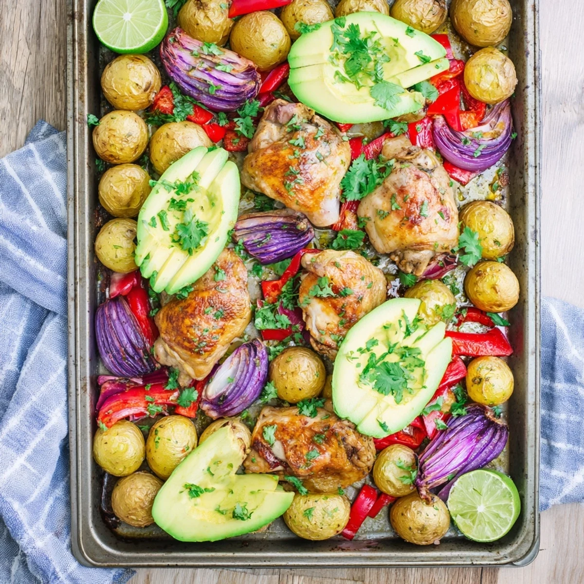 Serve this one-pan Chicken Avocado and Crunchy Potato Tray Bake with a side of greens, fresh herbs, and lime for a vibrant meal.