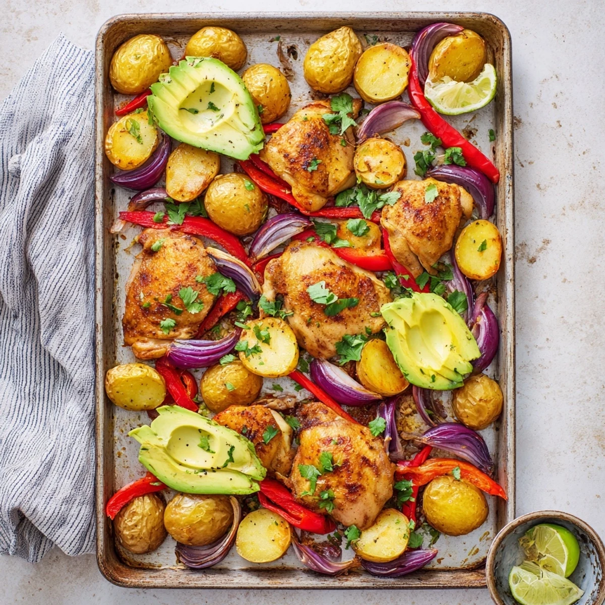 A close-up of the Chicken Avocado and Crunchy Potato Tray Bake showing succulent chicken, creamy avocado, and garnished with chopped parsley and a squeeze of lime.