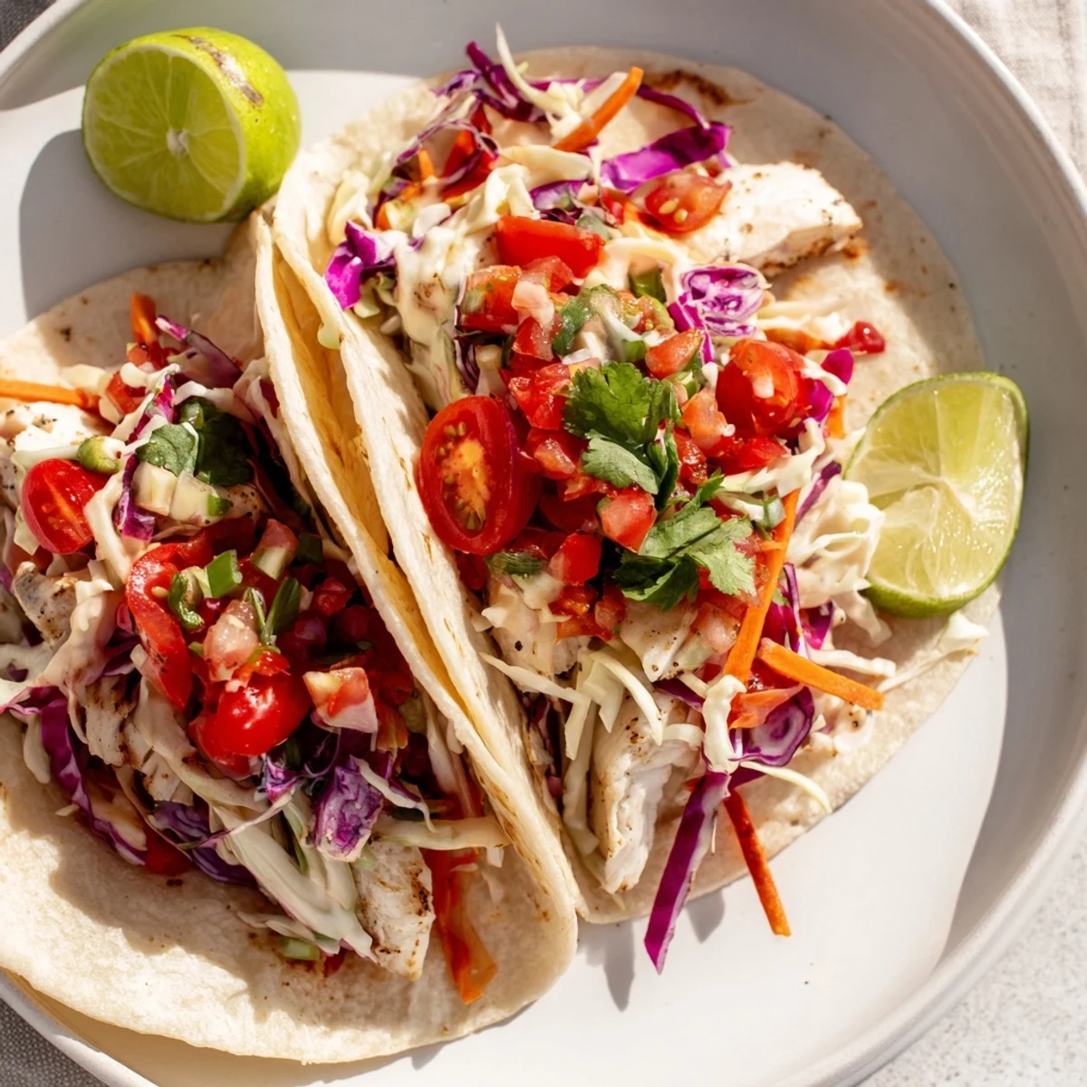 Flaky barramundi tacos topped with vibrant rainbow slaw and zesty salsa, served on warm corn tortillas.