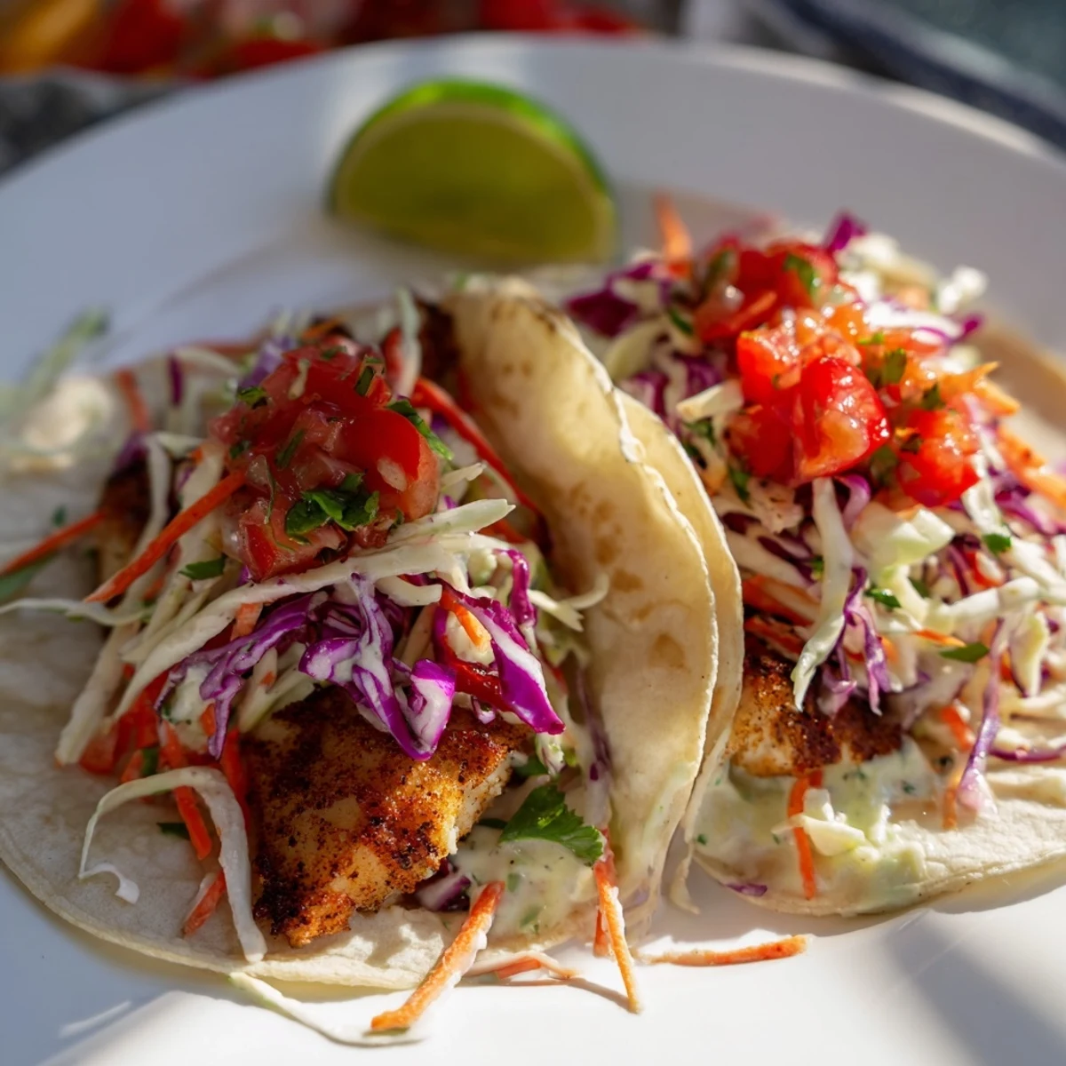 Fresh Barramundi Tacos with Rainbow Slaw and Salsa garnished with lime wedges and cilantro for a zesty finish.