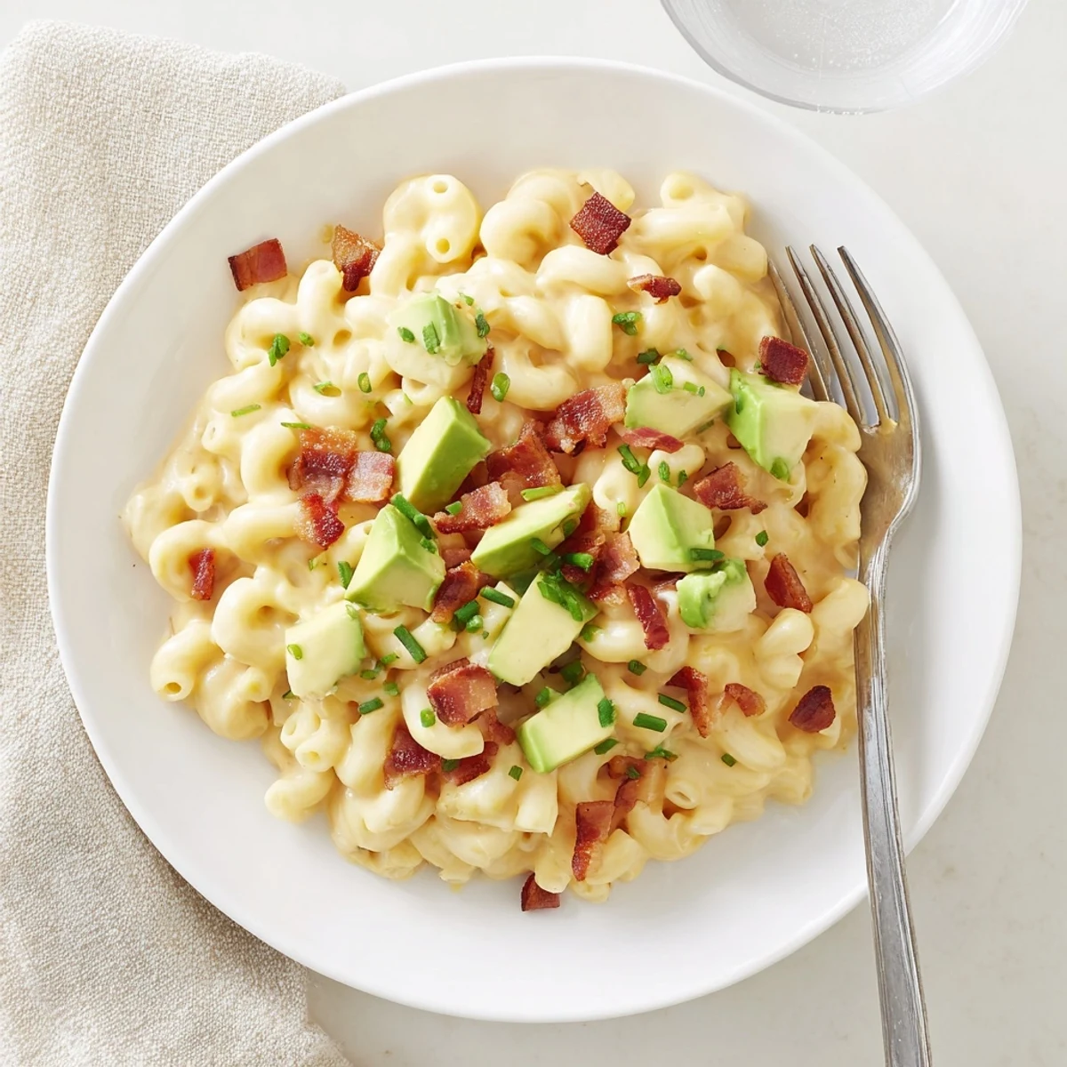 Creamy avocado and bacon mac and cheese topped with crispy bacon crumbles and fresh chives on a rustic plate.