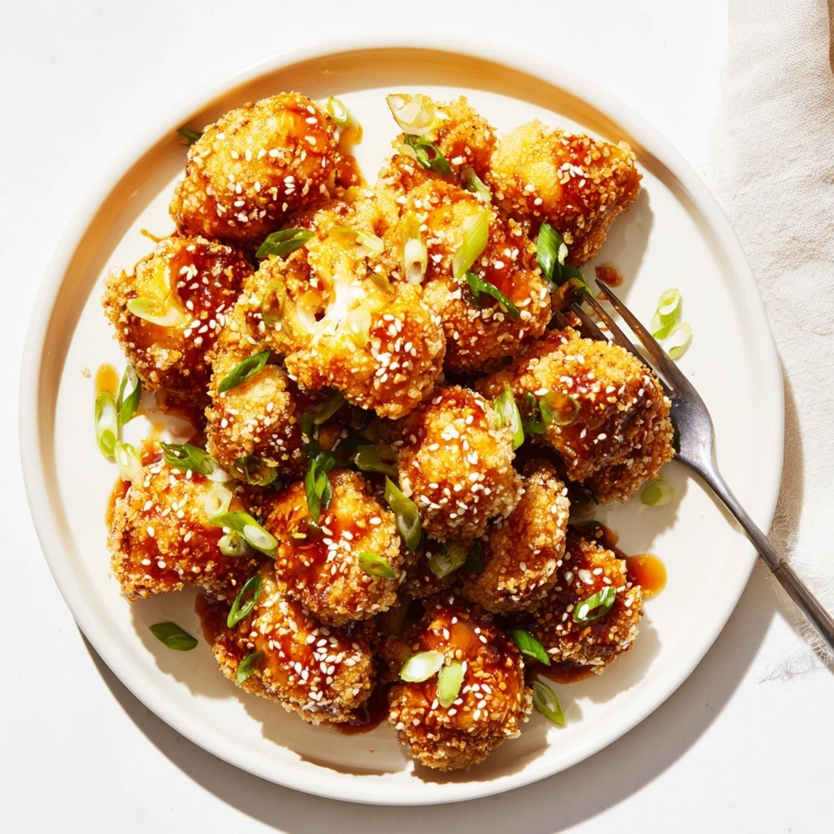 Golden-brown Sticky Honey Garlic Cauliflower florets glistening with thick, sticky sauce and topped with green onions.