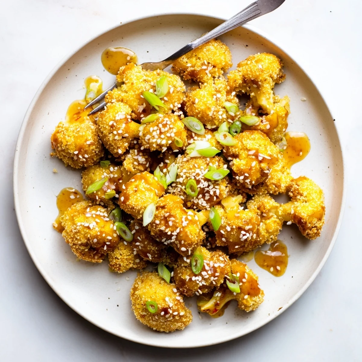 Savory Sticky Honey Garlic Cauliflower served as a crispy vegetarian appetizer with sesame seeds on a platter.