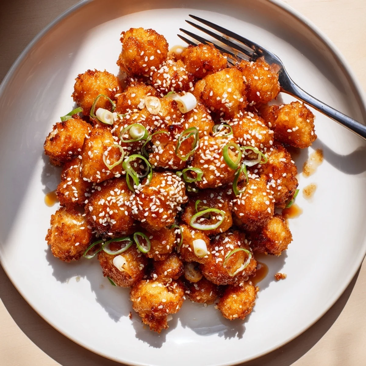 Freshly baked Sticky Honey Garlic Cauliflower tossed in a sweet glaze, ready to serve over steamed rice.