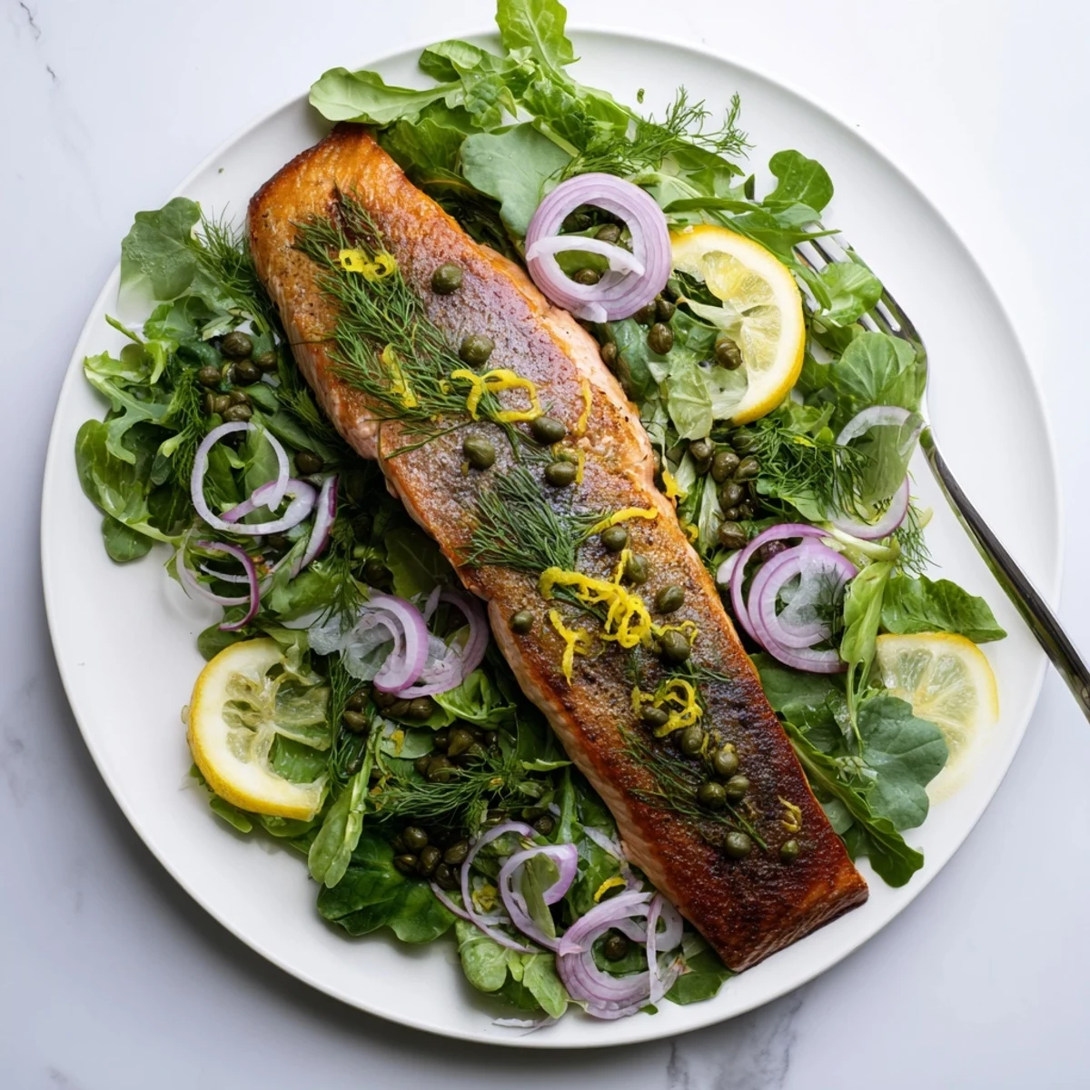 Golden-brown crispy skin Tasmanian Atlantic salmon fillet resting on a vibrant lemony herb salad, ready to serve.