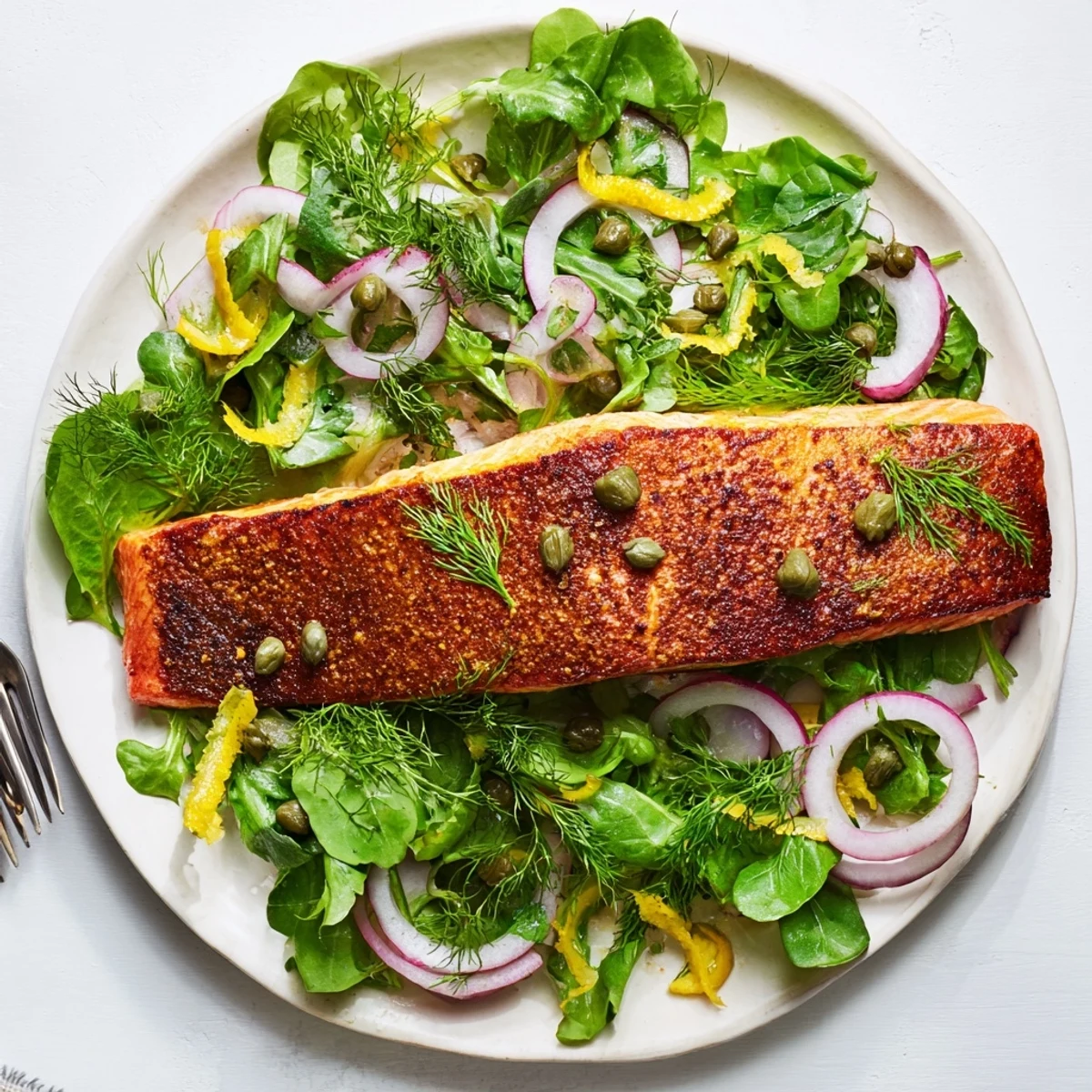 Plated Tasmanian Atlantic salmon with crispy skin, garnished with dill and parsley, served over a zesty salad.