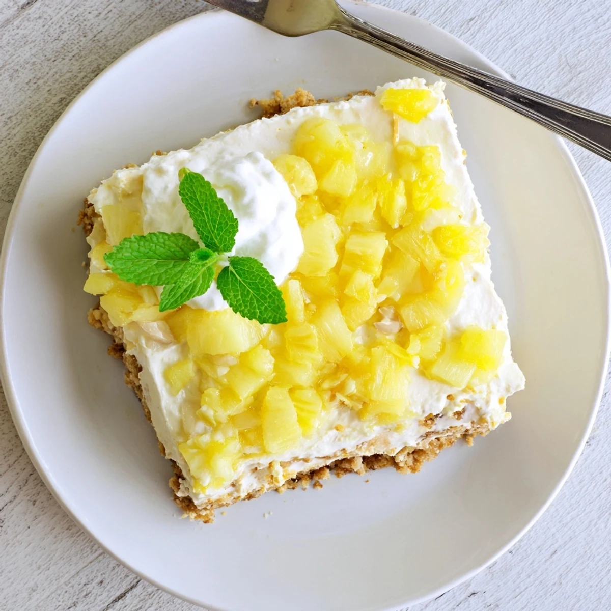 No Bake Pineapple Cheesecake with creamy filling and a buttery graham cracker crust garnished with fresh mint.