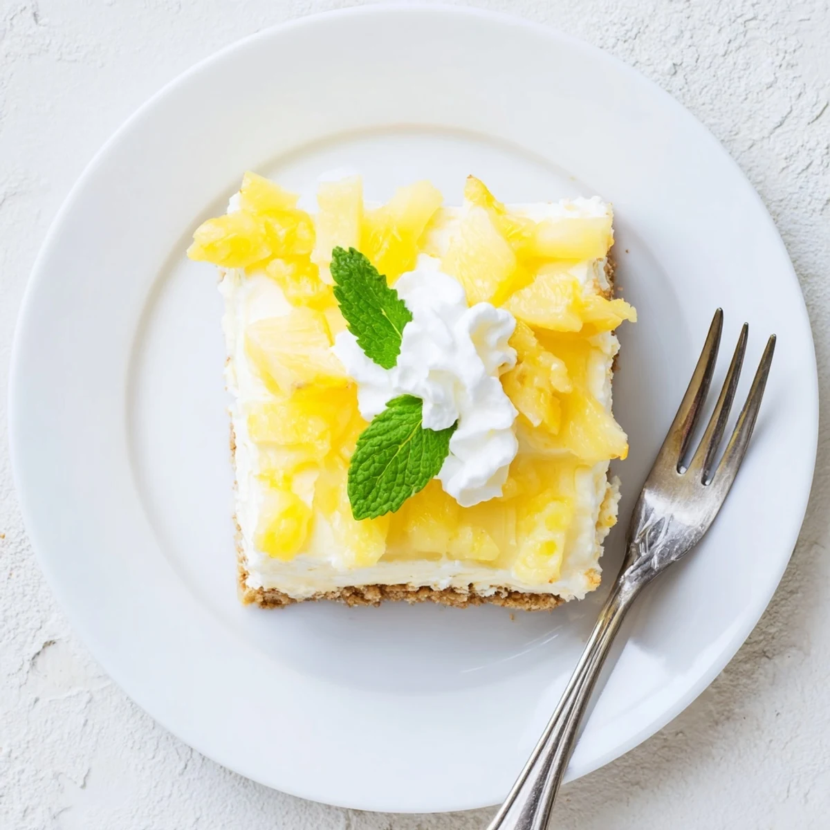 Slice of No Bake Pineapple Cheesecake showing crushed pineapple topping on a chilled, silky dessert.