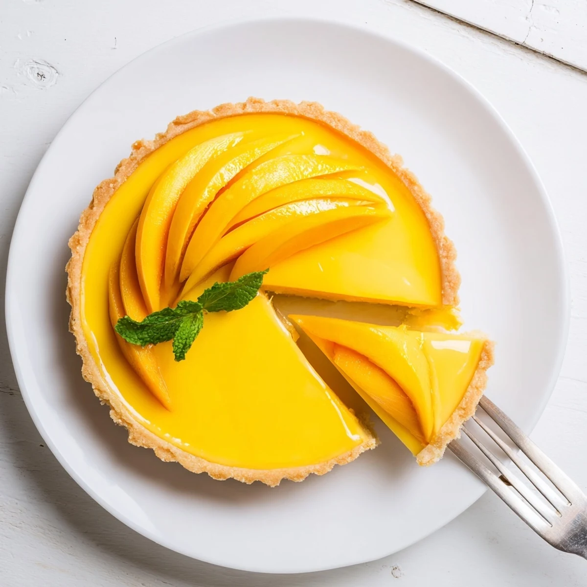 Close-up of a vibrant Mango Curd Tart with a buttery crust, fresh mango slices, and a garnish of mint leaves.