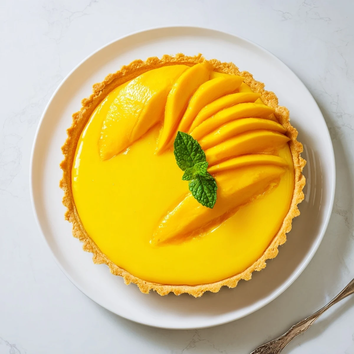 Golden Mango Curd Tart served on a white plate, perfect for summer gatherings and elegant dessert tables.
