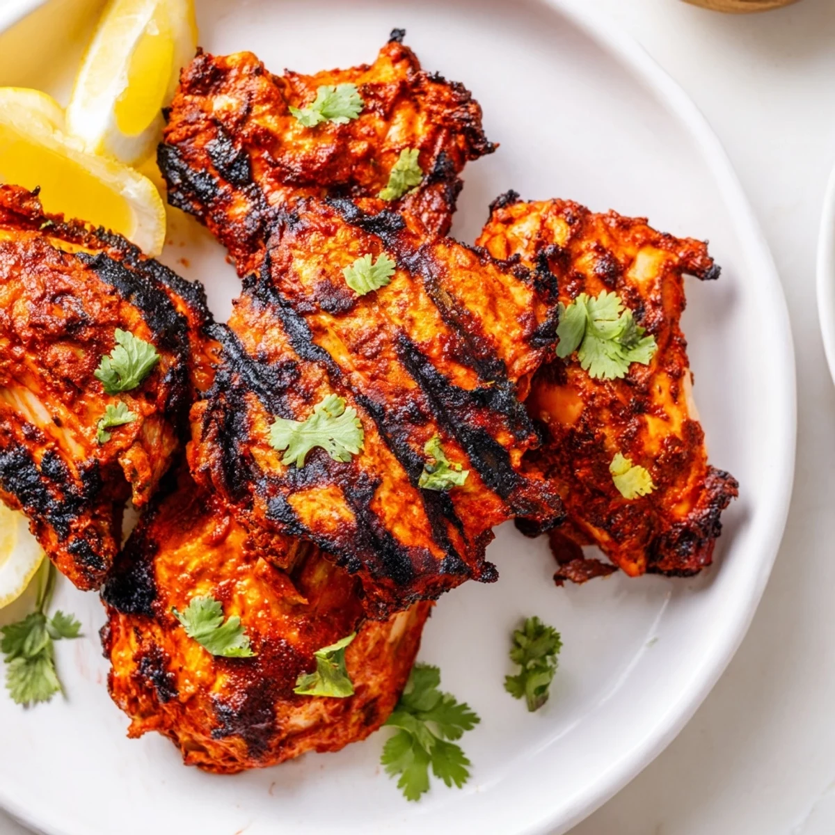 Serving platter of Grilled Tandoori Chicken with naan and cucumber salad, perfect for a summer dinner.