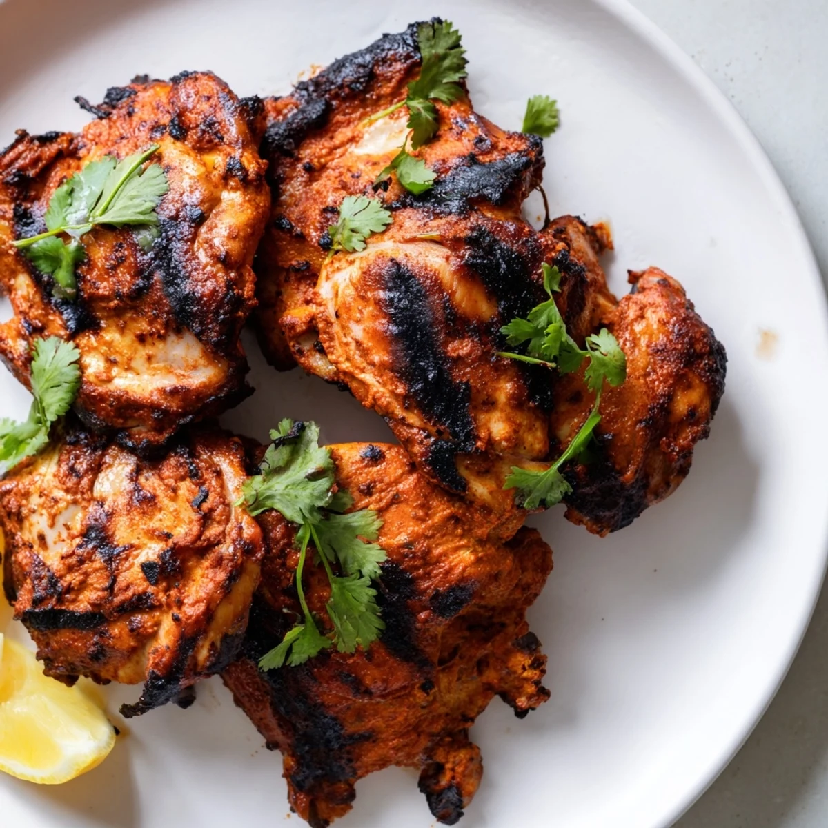 Sizzling Grilled Tandoori Chicken fresh off the grill, showing smoky edges and golden yogurt marinade.  