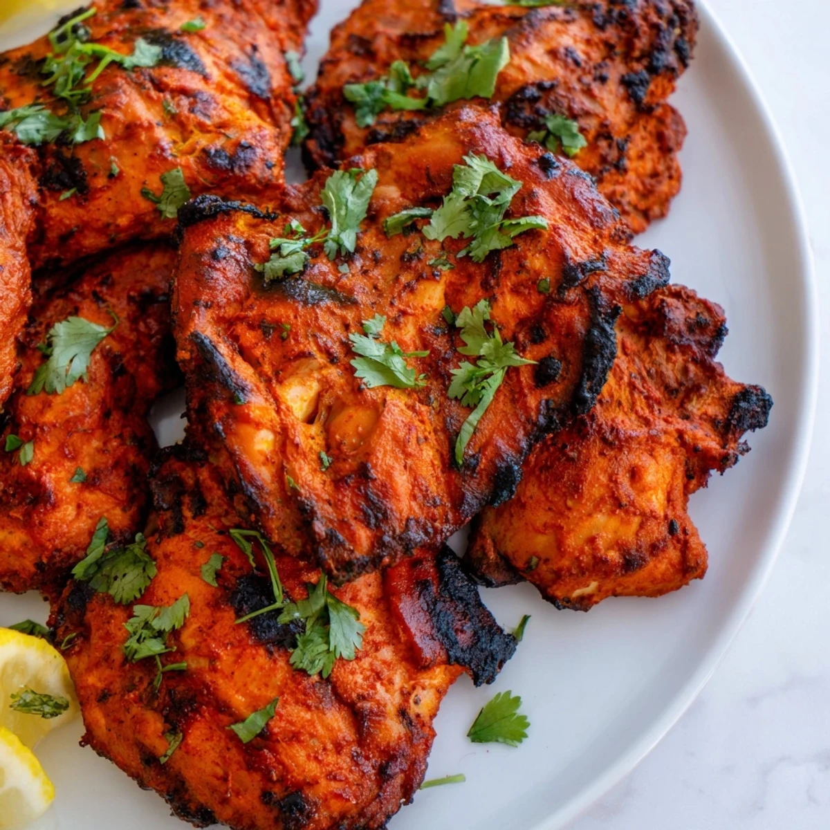 Grilled Tandoori Chicken thighs with char marks, cilantro garnish, and lemon wedges on a rustic wooden table.  