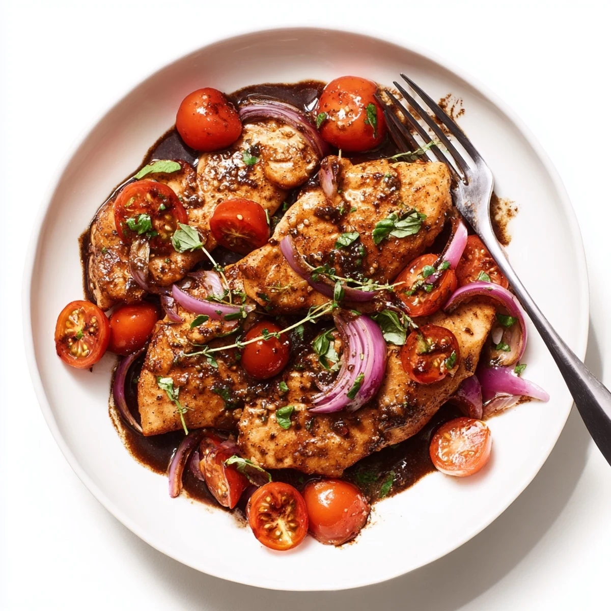 Golden-brown seared One Pan Juicy Chicken With Balsamic Sauce simmering in a glossy glaze with garlic, cherry tomatoes, and fresh herbs.