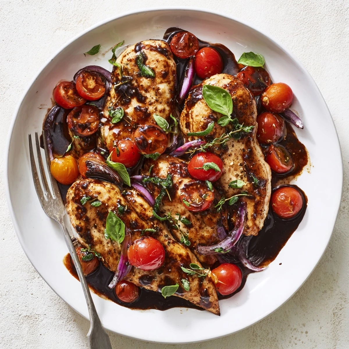 Tender One Pan Juicy Chicken With Balsamic Sauce plated with fresh basil, ready to serve alongside mashed potatoes or crusty bread.