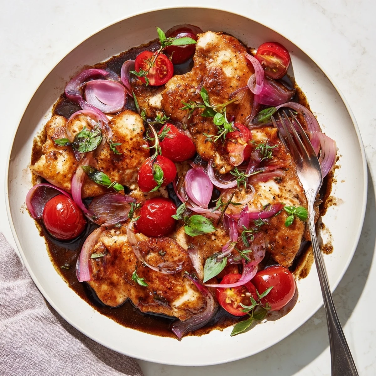 Savory One Pan Juicy Chicken With Balsamic Sauce cooked in a single skillet, featuring juicy tomatoes and aromatic garlic for a weeknight dinner.