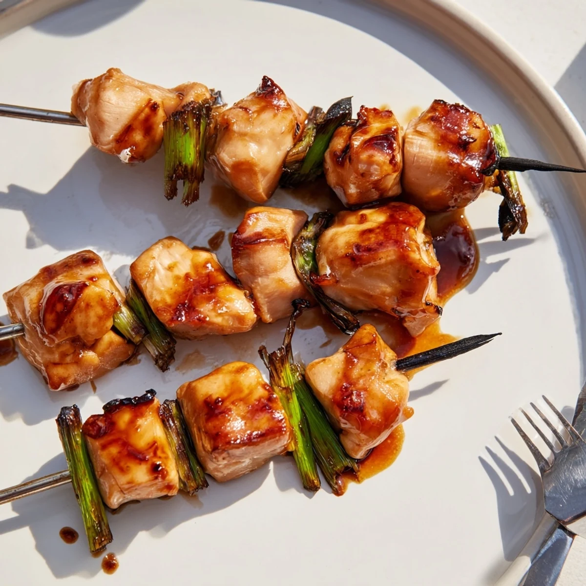 Golden Japanese Chicken Yakitori skewers with tender chicken and scallions, served hot with extra savory-sweet tare drizzle.