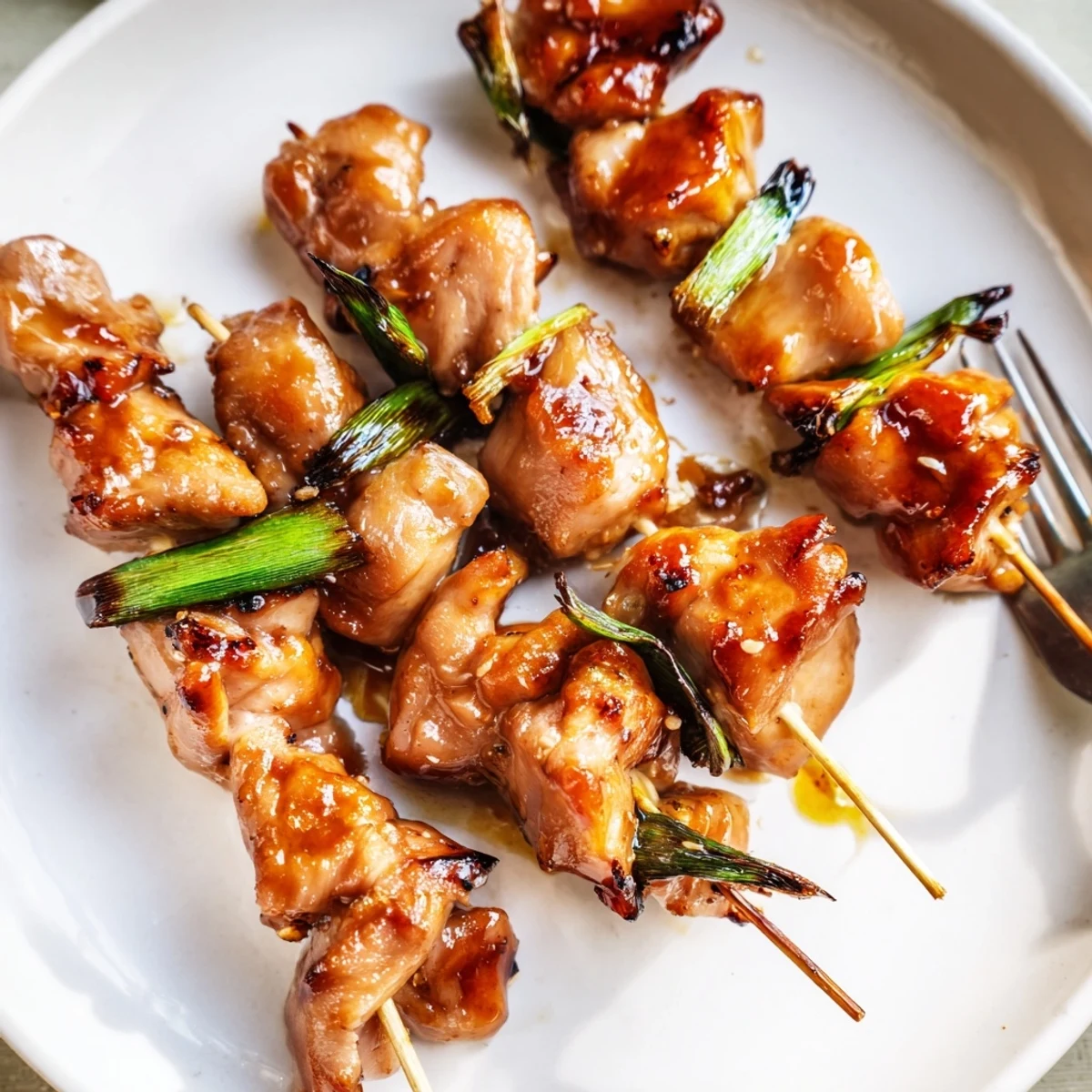 Juicy Japanese Chicken Yakitori skewers glazed with glossy tare sauce, sizzling on a hot grill and ready to serve.