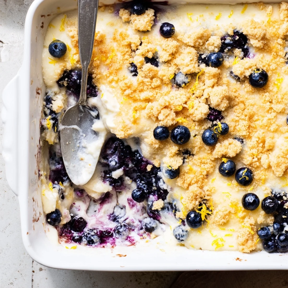 Warm Lemon Blueberry Cheesecake Dump Cake with golden, buttery crumbs and a bubbling berry filling served from a baking dish.