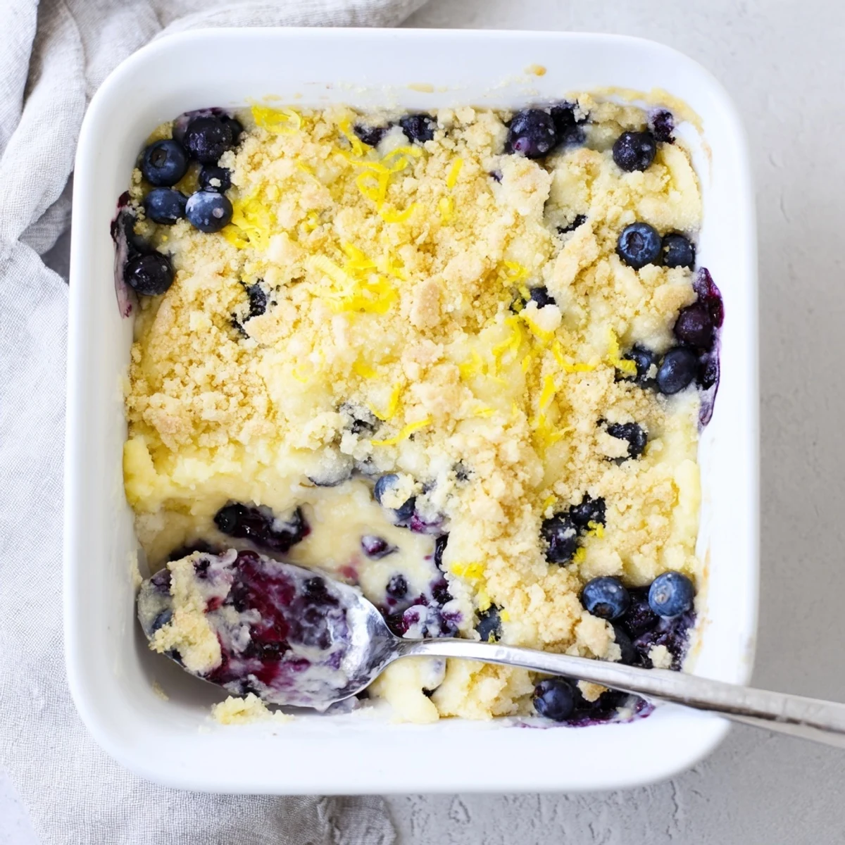 Slice of Lemon Blueberry Cheesecake Dump Cake revealing creamy cheesecake swirls and vibrant blueberries on a dessert plate with whipped cream.