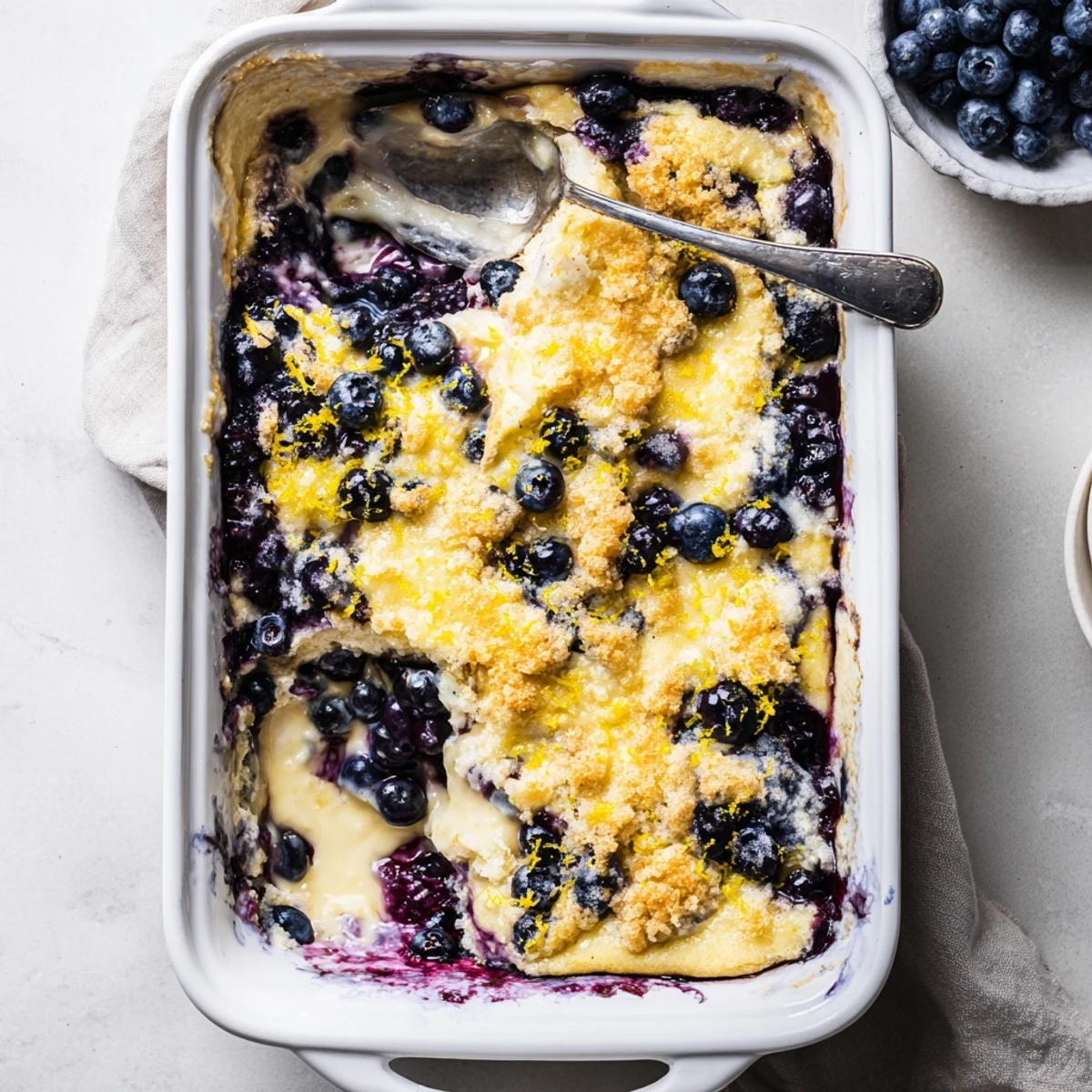 Freshly baked Lemon Blueberry Cheesecake Dump Cake with lemon zest aroma, golden edges, and serving suggestions of vanilla ice cream nearby.