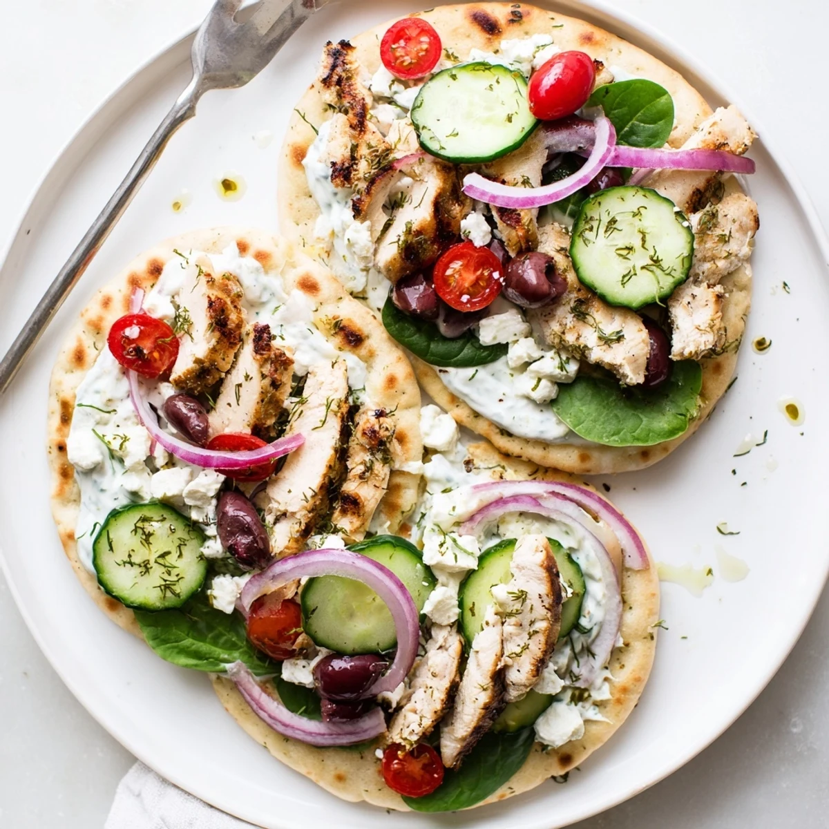 Freshly grilled Greek Chicken Flatbread topped with creamy tzatziki, juicy tomatoes, and crumbled feta on a rustic plate.