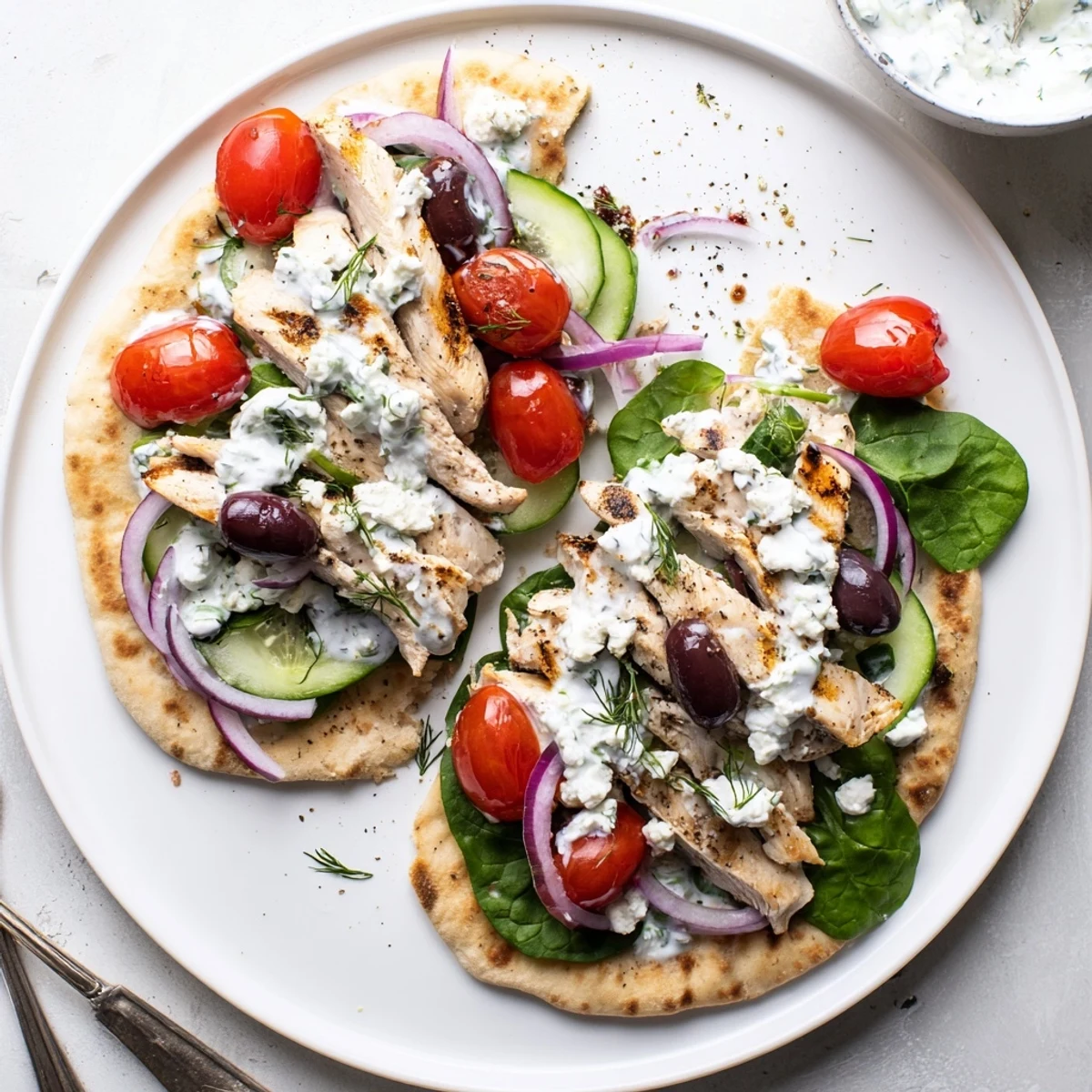 Sliced Greek Chicken Flatbread revealing layers of marinated meat, crisp cucumbers, and vibrant greens on a wooden board.