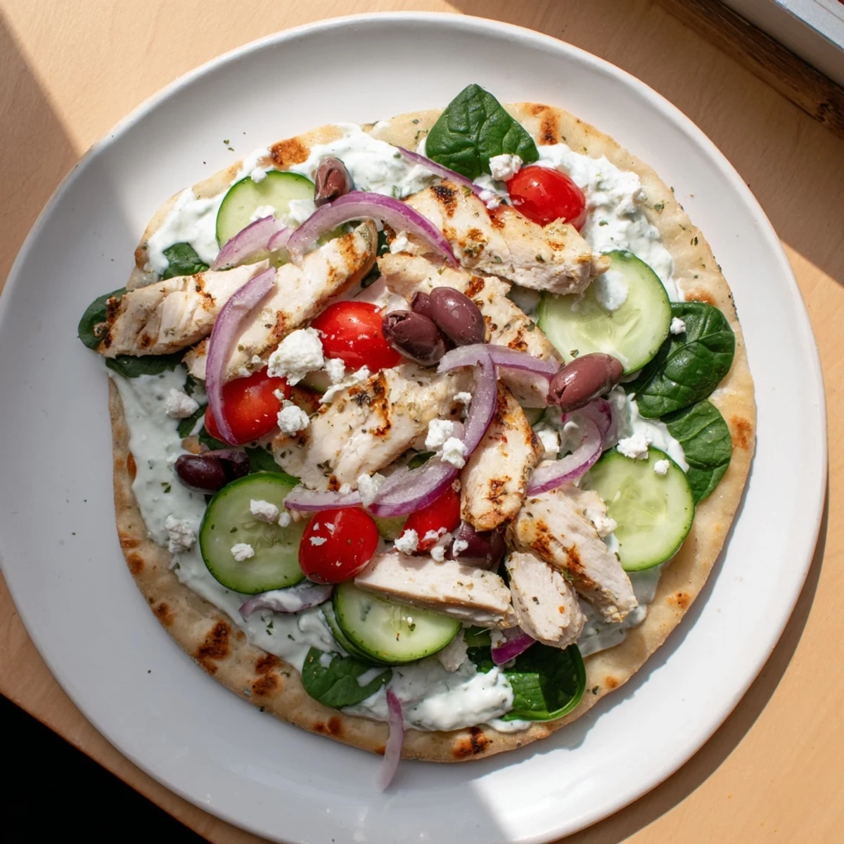Warm Greek Chicken Flatbread served with a side of tzatziki, perfect for a quick and flavorful Mediterranean lunch.
