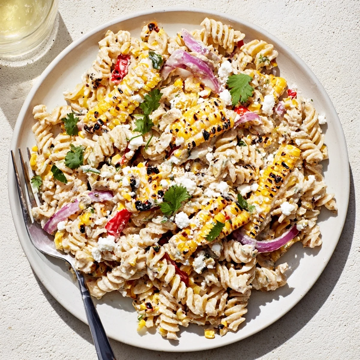 Bright and colorful Juicy Street Corn Pasta Salad with grilled corn kernels, creamy dressing, and crumbled cotija cheese, served chilled.