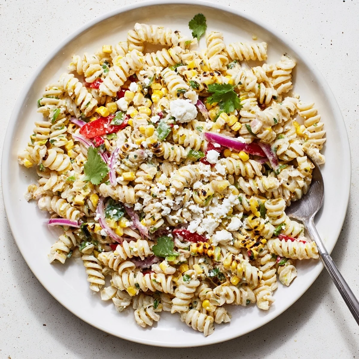 A close-up of Juicy Street Corn Pasta Salad highlighting charred corn, creamy dressing, and chili powder on a serving platter.